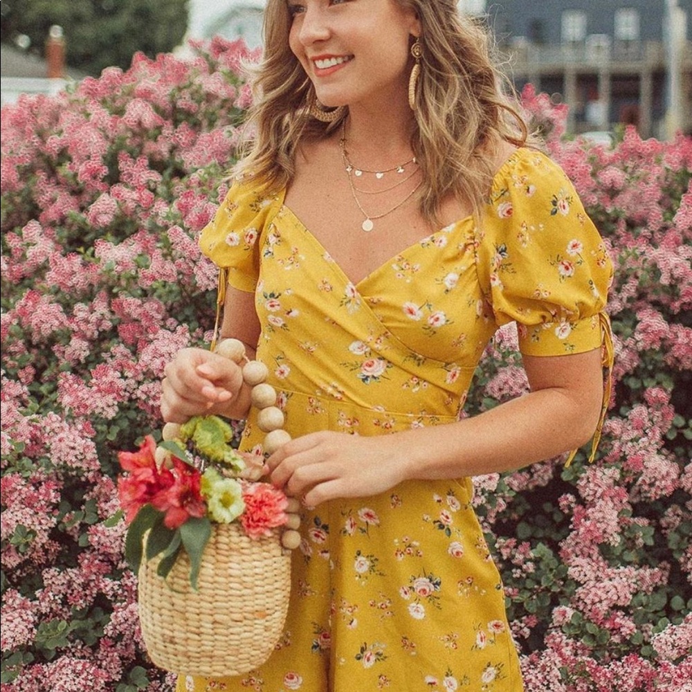 Mustard floral spring tie cuff romper jumpsuit